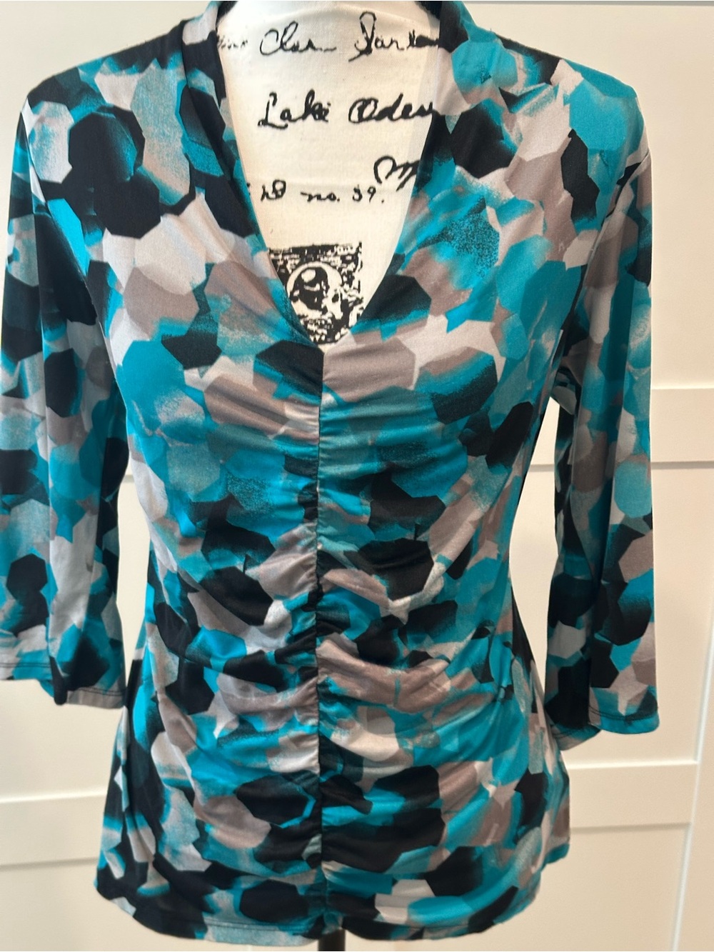 Alfani Teal, Gray & Black Ruched V-Neck Blouse